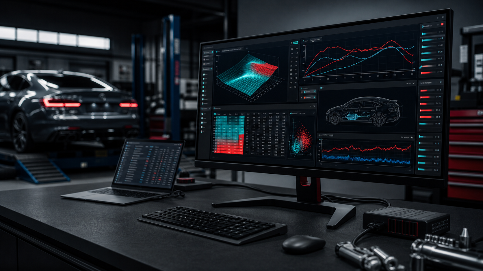 Automotive software dashboard displayed in a tuning workshop